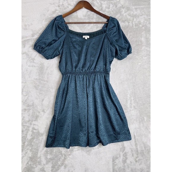 SPEECHLESS Short Sleeve Party DRESS - Size LARGE - Babydoll Teal Print Fit Flare - Picture 1 of 13